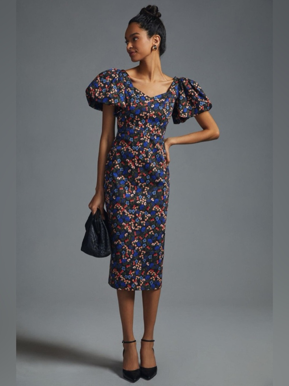 Hunter Bell Colette Midi Dress in Black Floral, Size 4 - Like New